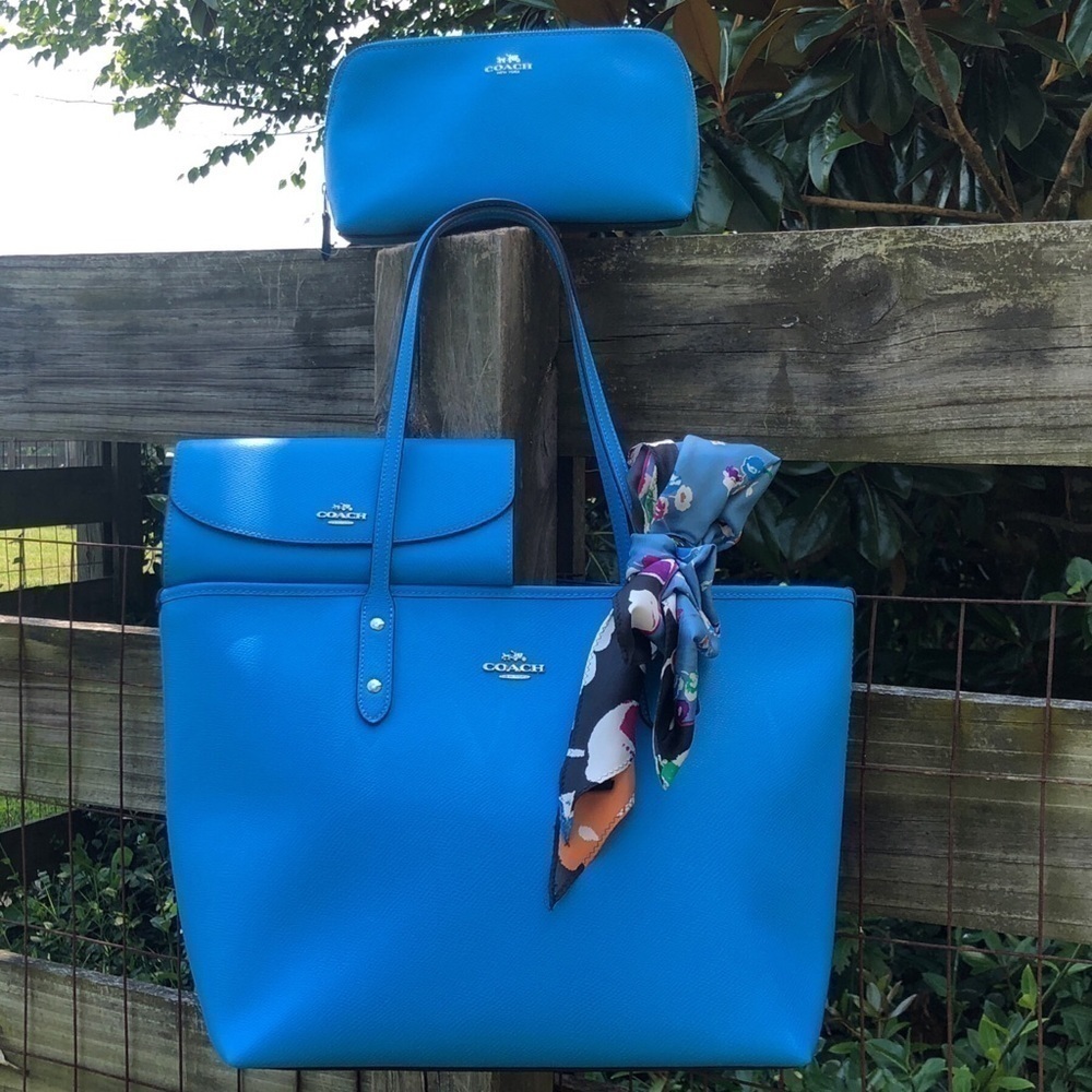 🦋Coach Azure Blue Tote Wallet Scarf Cosmetic Set